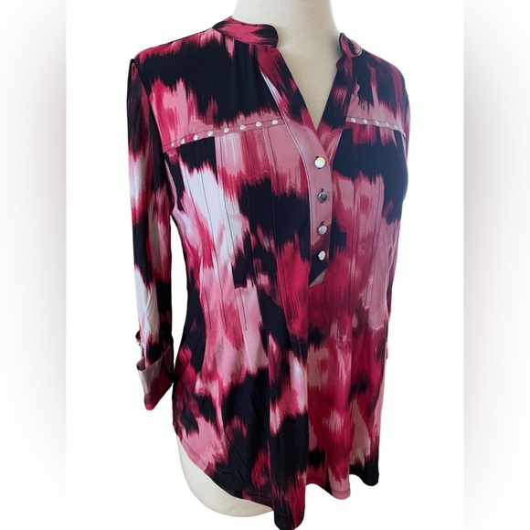 COCOMO Small Red pink white 3/4 sleeve women's Pin tuck Blouse top shirt - Picture 6 of 12